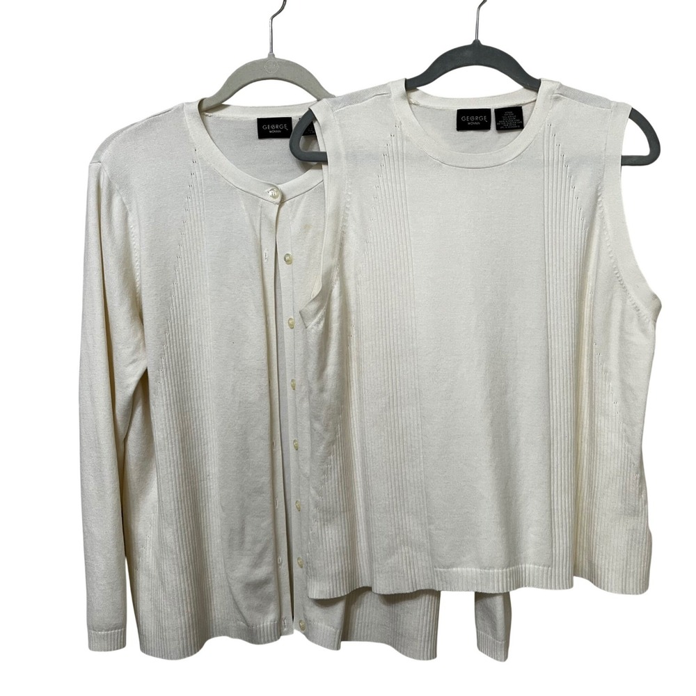 George Woman Cream White Ribbed Knit Cardigan‎ and Shell Twin Set 18W/20W